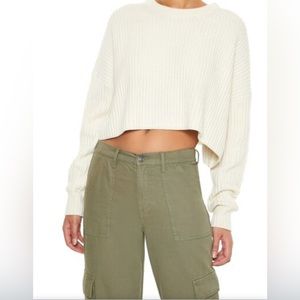 NWT Cropped Rib-Knit Cream White Sweater